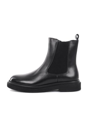 Stivale Chelsea in pelle nera con pannelli elastici sui lati, punta tonda e suola a piattaforma bassa. Dettaglio a loop sul tallone per una facile vestibilità.