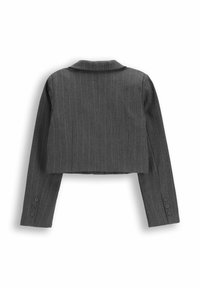 Przycięta szara marynarka w pionowe paski, z wyłogami i długimi rękawami. Posiada cztery guziki na każdym mankiecie.