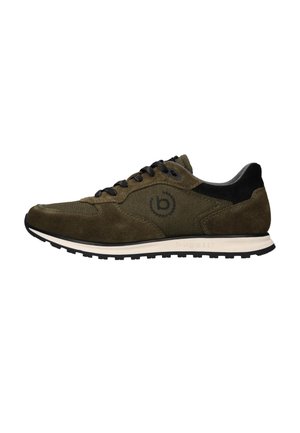 Olivgrüner Sneaker aus Veloursleder und Stoff mit schwarzen Schnürsenkeln, schwarzem Fersen-Detail, weißer Mittelsohle, schwarzer Außensohle und rundem Logo an der Seite.