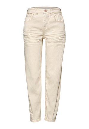 Rechte jeans met hoge taille in crèmekleur, met frontzakken, knoopsluiting en subtiele stikdetails.