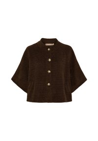 Brun texturerad jacka med rund krage, fem stora dekorativa knappar och sidfickor; kort design med vida ärmar.