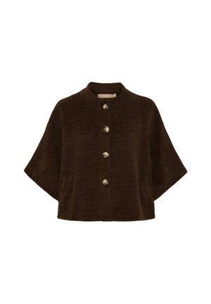 Brun tekstureret jakke med rund krave, fem store dekorative knapper og sidelommer; cropped design med brede ærmer.