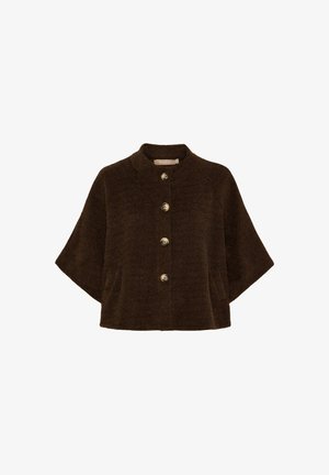 Brun tekstureret jakke med rund krave, fem store dekorative knapper og sidelommer; cropped design med brede ærmer.