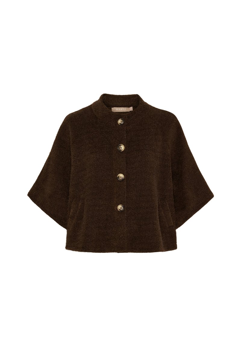 Brun texturerad jacka med rund krage, fem stora dekorativa knappar och sidfickor; kort design med vida ärmar.
