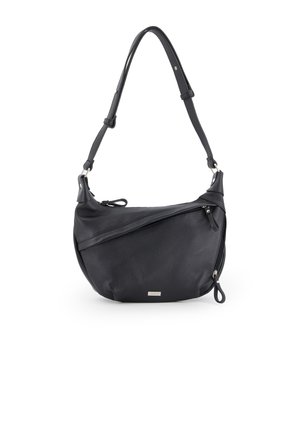 Schwarze Lederschultertasche mit runder Form, strukturierter Oberfläche und diagonaler Außentasche mit Reißverschluss. Inklusive verstellbarem Tragegurt und metallischen Akzenten.