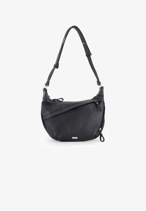 Black leather shoulder bag with a rounded shape, textured surface, and diagonal external zip pocket. Includes an adjustable strap and metal accents.