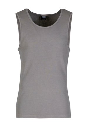 Pelēks bez piedurknēm T-krekls, izgatavots no ribotas auduma, ar apaļu kakla izgriezumu un pieguļošu formu. Bez rakstiem vai papildu akcentiem.