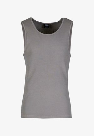 Tricou fără mâneci gri, dintr-o țesătură cu dungi, cu un decolteu rotund și o formă ajustată. Fără modele sau accente suplimentare.