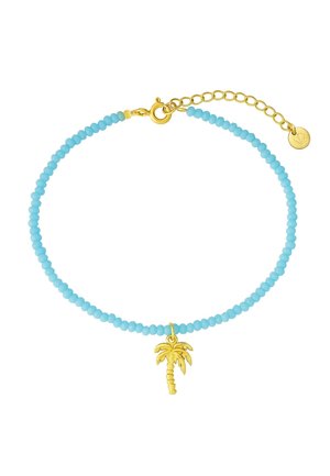 Pulsera de cuentas turquesas con un charm de palmera dorada. Diseño flexible con un broche de langosta y cadena de extensión para un ajuste ajustable.