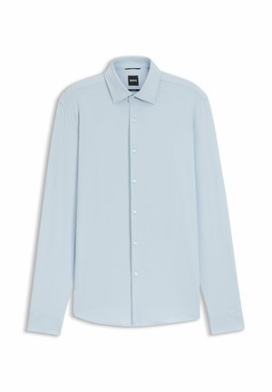 Camicia azzurro chiaro a maniche lunghe in tessuto strutturato, con colletto classico, chiusura con bottoni e orlo dritto.