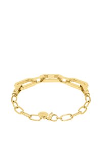 Goldener Armband mit verbundenen rechteckigen und ovalen Formen, polierte Metalloberfläche, mit einem sicheren Verschluss und einem kleinen Logo-Anhänger.