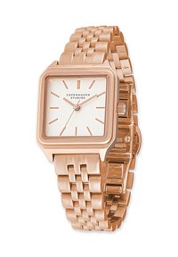 Kvadratisk roséguld armbandsur med länkad metallarmband, vit urtavla, roséguld timmarkörer och texten "Copenhagen Studios" på urtavlan.
