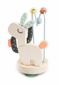 Houten lama-vormige babyspeelgoed met kleurrijke kralen op metalen draad en zachte stofdetails op een ronde houten basis.