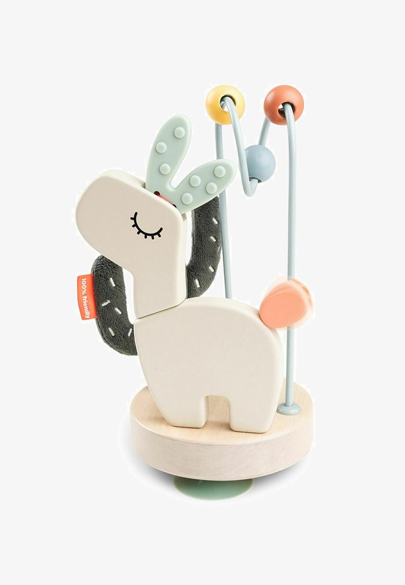 Houten lama-vormige babyspeelgoed met kleurrijke kralen op metalen draad en zachte stofdetails op een ronde houten basis.