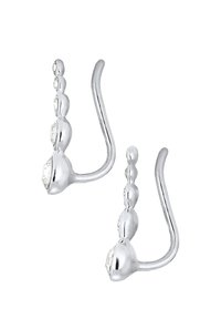 Pendientes de plata con diseño de gancho curvado, que presentan una fila de pequeñas cuentas redondeadas y una gema clara en la parte inferior para dar un toque adicional.