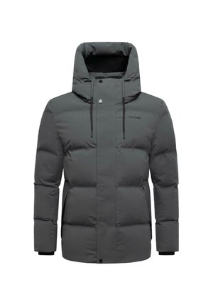 Dunkelgraue Pufferjacke mit hohem Kragen und Kapuze, ausgestattet mit einem Reißverschluss, elastischen Bündchen und schwarzen Kordeln. Glatte, gepolsterte Textur.
