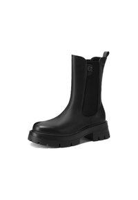 Stivaletti neri in pelle con pannelli elastici laterali, suole in gomma spesse e una linguetta sul retro. Texture liscia e design minimalista.