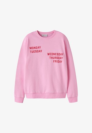 Sweat-shirt rose avec texte rouge listant les jours de la semaine du lundi au vendredi sur le devant en deux colonnes décalées.