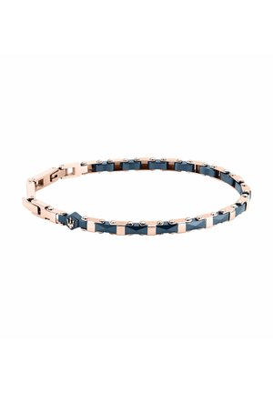 Bracciale sottile con maglie rettangolari alternati in oro rosa e blu scuro, con un emblema a tridente su una maglia e una chiusura.