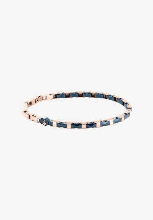 Bracciale sottile con maglie rettangolari alternati in oro rosa e blu scuro, con un emblema a tridente su una maglia e una chiusura.