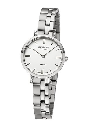 Montre-bracelet en métal argenté avec cadran blanc, index horaires minimalistes, aiguilles fines et bracelet à maillons, ornée de petits cristaux décoratifs.