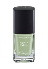 Grüner Nagellack in einer Glasflasche. Der Deckel ist schwarz und quadratisch; das Etikett zeigt "GISELE" und "LE DUIGOU COSMÉTIQUE" in weißer Schrift.