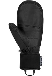 Schwarze Lederhandschuhe mit gepolstertem Design, elastischem Bund und wasserabweisendem Stoff. Verfügt über eine strukturierte Oberfläche und eine Schlaufe zum einfachen Aufhängen.