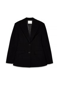 Čierny upravený blejzer s klopaným golierom, dvoma prednými vreckami a uzáverom na dve gombíky. Hladká tkanina s jemnou textúrou.