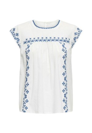 White linen blouse featuring blue embroidered patterns on the neckline and sleeves, with a loose fit and pleated detailing.