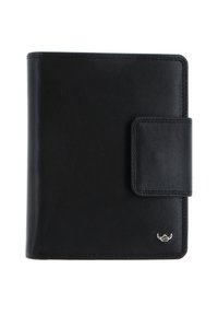 Black leather wallet with a rectangular shape, textured surface, and a metal accent. Features a snap closure and stitching along the edges.