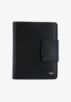 Black leather wallet with a rectangular shape, textured surface, and a metal accent. Features a snap closure and stitching along the edges.