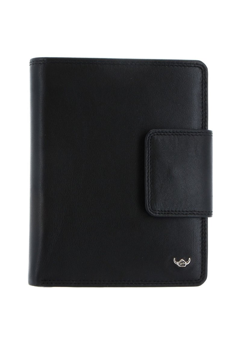 Black leather wallet with a rectangular shape, textured surface, and a metal accent. Features a snap closure and stitching along the edges.