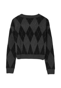 Graham- und schwarzes Argyle-Muster, kurzer Pullover. Aus gestricktem Stoff mit geripptem Kragen und Saum, mit einem subtilen Glanz.