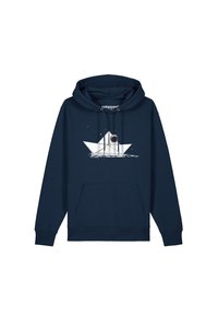 Marineblaue Kapuzenjacke mit einer Fronttasche, auf der eine weiße Druckgrafik eines Papierboots und eines Astronauten auf dem Wasser zu sehen ist, umgeben von einem sternenklaren Hintergrund.