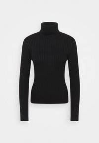 Musta ribbed turtleneck-paita pitkillä hihoilla, muotoonpuristava malli, pehmeä tekstuuri ja korkea kaulus. Minimalistinen tyyli, ilman koristeluja.