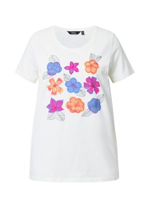 Witte katoenen t-shirt met een kleurrijk bloemenontwerp in tinten blauw, roze, oranje en paars, met omrande bladeren en bloemen.