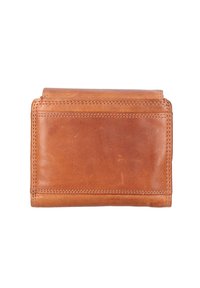 Portafoglio in pelle marrone con cuciture visibili, forma rettangolare, texture liscia e chiusura a patta. Nessun ulteriore abbellimento o motivo.