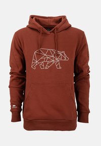 Hoodie in cotone marrone con design geometrico di un orso bianco sul davanti, dotato di tasca a marsupio e polsini e orlo a coste.
