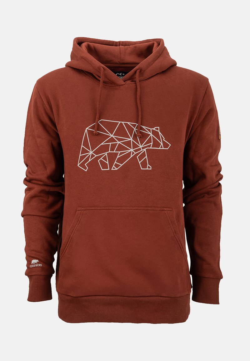 Hoodie in cotone marrone con design geometrico di un orso bianco sul davanti, dotato di tasca a marsupio e polsini e orlo a coste.