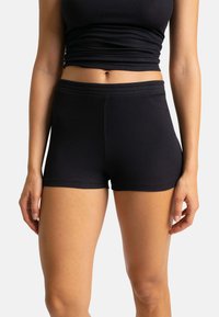 Shorts noirs côtelés avec une ceinture élastique lisse, présentant un design ajusté et une texture douce, adaptés pour une tenue décontractée ou pour se détendre.