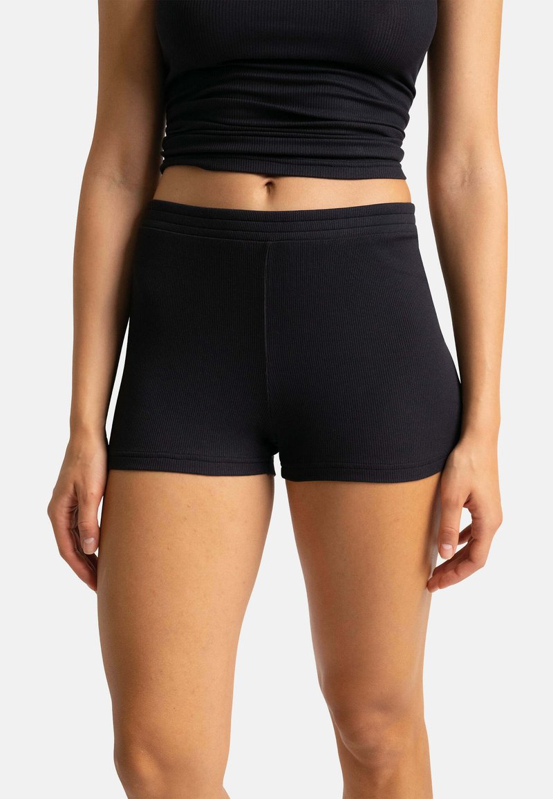 Shorts noirs côtelés avec une ceinture élastique lisse, présentant un design ajusté et une texture douce, adaptés pour une tenue décontractée ou pour se détendre.