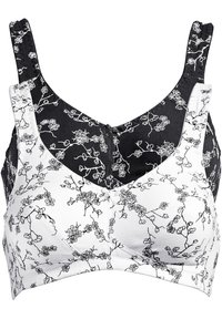 Bralette floreale bianco e nero con tessuto morbido, scollo a giro e spalline regolabili con chiusura frontale. Motivo floreale su tutta la superficie.