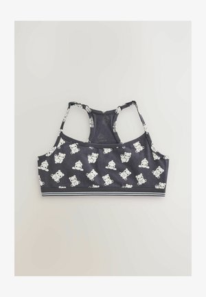 Sötét szürke sportmelltartó vékony pántokkal és racerback kialakítással, melyet kis fehér mese medvearcok és testek mintáznak.