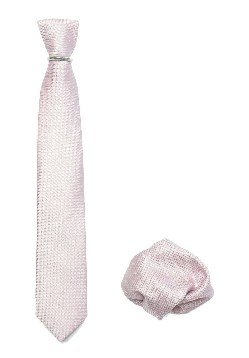 Hellrosa Krawatte mit strukturierter Oberfläche und einem passenden Einstecktuch, beide mit einem dezenten Muster und glattem, gewebtem Stoff.