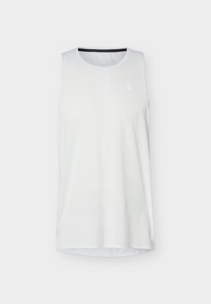 White sleeveless athletic tank top with round neckline and subtle logo on upper left chest.
