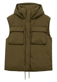 Khaki Steppweste mit Kapuze, zwei Fronttaschen und Kordelzugsaum. Hergestellt aus strukturiertem Stoff mit glatter Oberfläche.