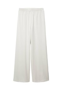Pantalons larges en tissu blanc doux avec une taille élastique. Texture lisse et design à longueur complète, adaptés à un usage décontracté.