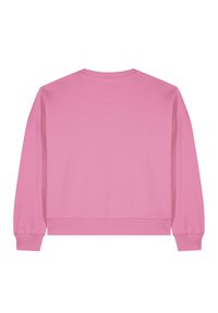 Sweatshirt rose avec un col rond, des épaules tombantes, des poignets et un ourlet côtelés. Texture lisse, coupe décontractée et couleur unie sans motifs.