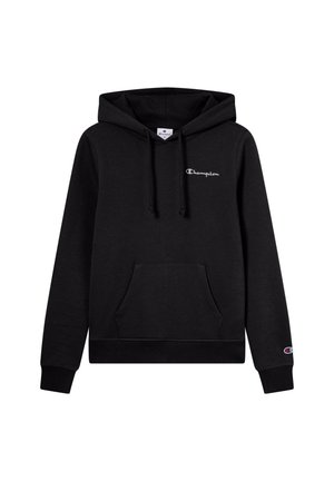 Schwarze Pullover-Hoodie mit einer Fronttasche, Kapuze mit Kordelzug und besticktem Logo. Hergestellt aus weichem Stoff, mit gerippten Bündchen und Saum.