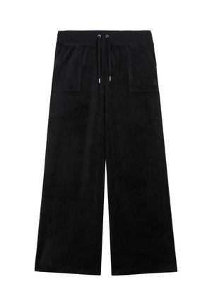 Schwarze weit geschnittene Hosen aus weichem Material, mit einem Kordelzugbund, zwei Vordertaschen und einem dezenten Logo-Detail.